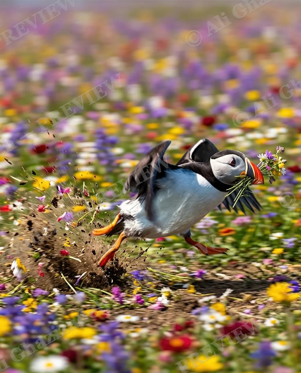 Full Throttle — Flower Delivery — Atlantic puffin artwork by Ali Ghazizadeh